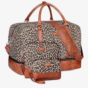 Leopard Weekender Travel Bag Set with Leather Base & Handle